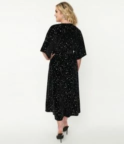 Unique Vintage Black Velvet & Star Print Wrap Midi Dress The Creepy Collection