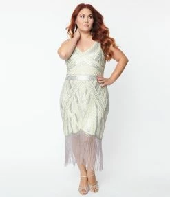 Unique Vintage Plus Size Ivory & Silver Sequin Flapper Dress
