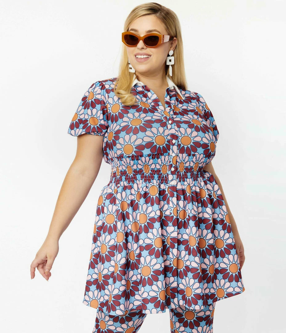 Smak Parlour Plus Size Blue & Pink Flower Power Babydoll Blouse