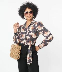 Unique Vintage Black & Ivory Deco Floral Print Bodysuit Collections