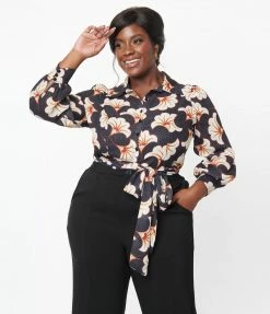 Unique Vintage Plus Size Black & Ivory Deco Floral Print Bodysuit Tops