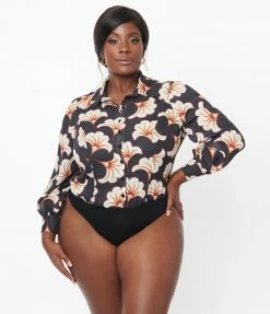Unique Vintage Plus Size Black & Ivory Deco Floral Print Bodysuit Tops