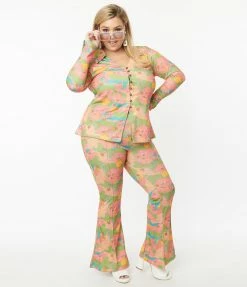 Bottoms Unique Vintage Plus Size Walk In The Park Print Flare Pants