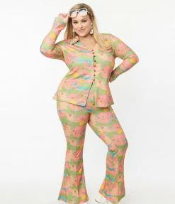 Bottoms Unique Vintage Plus Size Walk In The Park Print Flare Pants