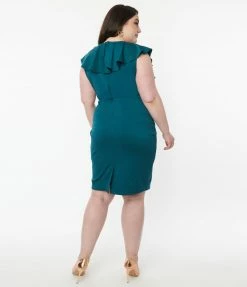 Unique Vintage Brand Unique Vintage Plus Size Teal Green V-Neck Ruffle Wiggle Dress