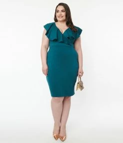 Unique Vintage Brand Unique Vintage Plus Size Teal Green V-Neck Ruffle Wiggle Dress