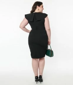 Unique Vintage Plus Size Black V-Neck Ruffle Wiggle Dress Unique Vintage Brand