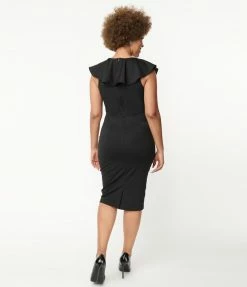 Guest Attire Unique Vintage Black V-Neck Ruffle Wiggle Dress
