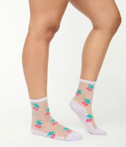 FAME Accessories Purple & Pink Cherry Sheer Crew Socks