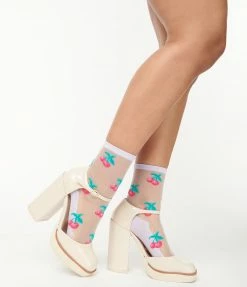 FAME Accessories Purple & Pink Cherry Sheer Crew Socks