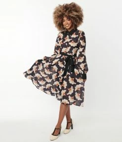 Unique Vintage Black & Ivory Deco Floral Shirtdress