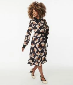 Unique Vintage Black & Ivory Deco Floral Shirtdress