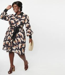 Unique Vintage Plus Size Black & Ivory Deco Floral Shirtdress Swing