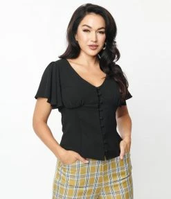 Unique Vintage Black Flutter Sleeve Blouse Collections