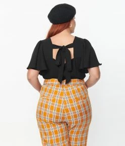 Tops Unique Vintage Plus Size Black Flutter Sleeve Blouse