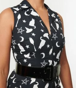 SHEEN Clothing Ltd Black & Witching Hour Print Sleeveless Jumpsuit Dresses