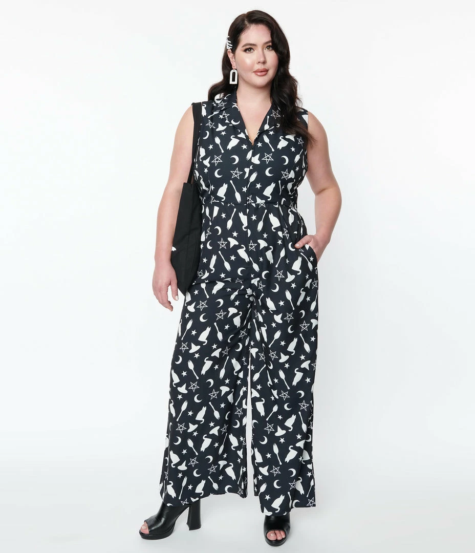 SHEEN Clothing Ltd Dresses Plus Size Black & Witching Hour Print Sleeveless Jumpsuit