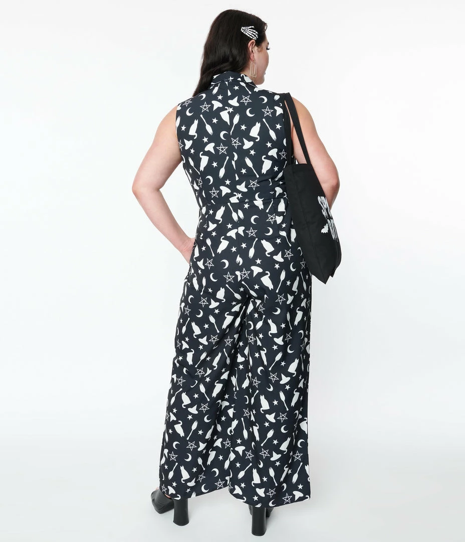 SHEEN Clothing Ltd Dresses Plus Size Black & Witching Hour Print Sleeveless Jumpsuit