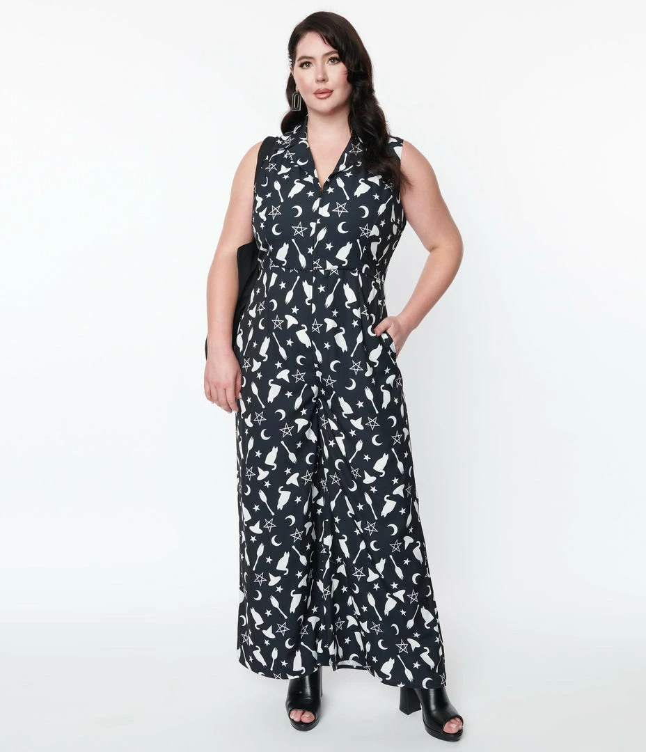 SHEEN Clothing Ltd Dresses Plus Size Black & Witching Hour Print Sleeveless Jumpsuit