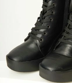 Joia Black Leatherette Chunky Ankle Boots Shoes