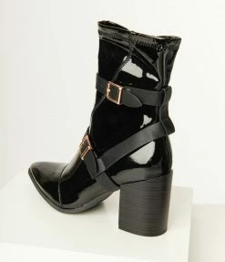 Joia Black Patent Leatherette Strappy Ankle Boots