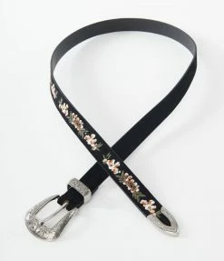 FAME Accessories Black Velvet & Floral Embroidered Western Belt 1970s