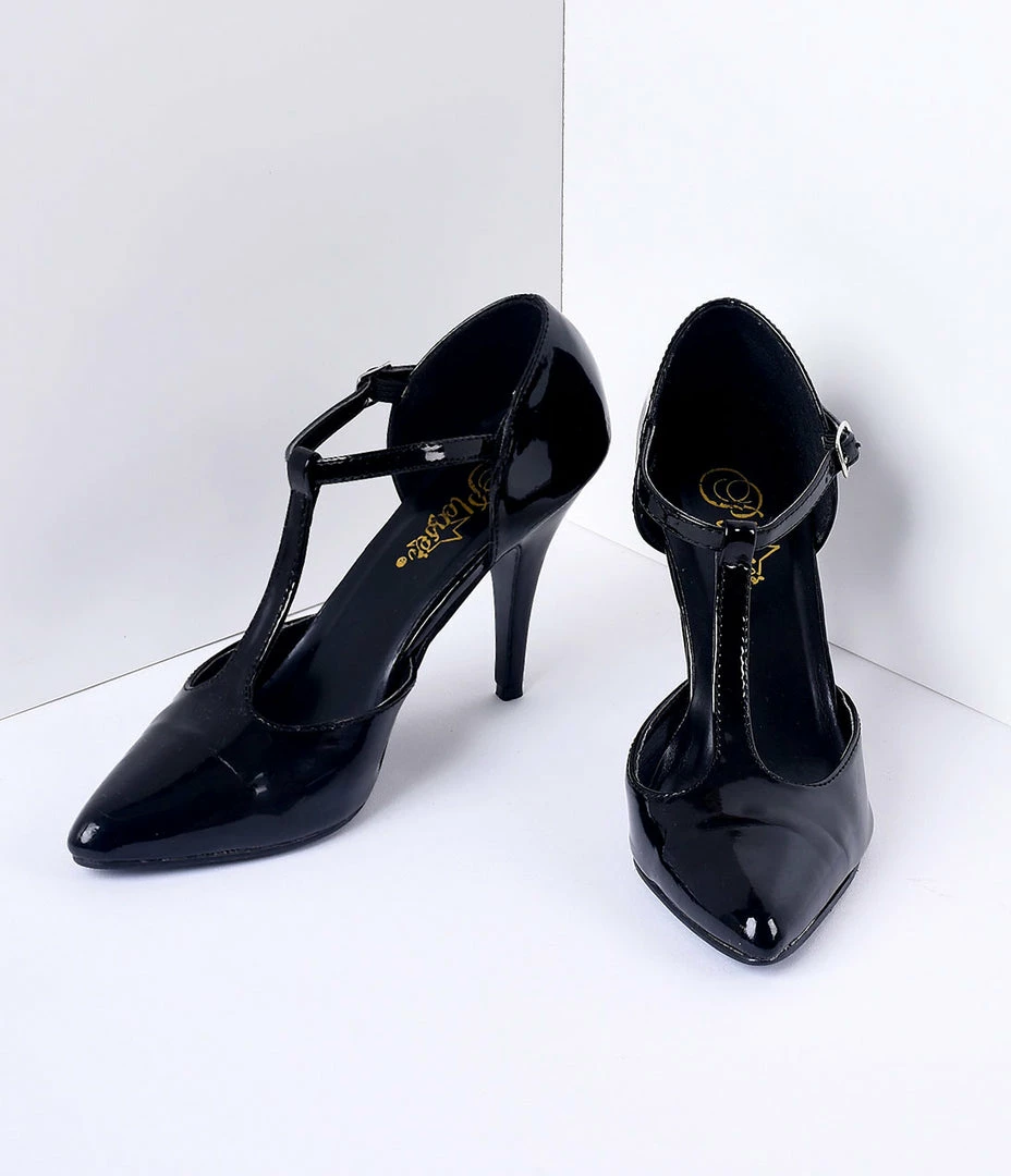 Pleaser 1920s Style Black T-Strap Heels