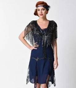 WESTERN FASHION 1920s Style Metallic Black Sheen Deco Rose Beaded Fringe Shawl Flapper