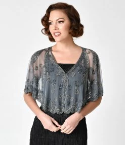WESTERN FASHION Flapper 1920s Style Silver Grey Beaded Sheer Mesh Capelet
