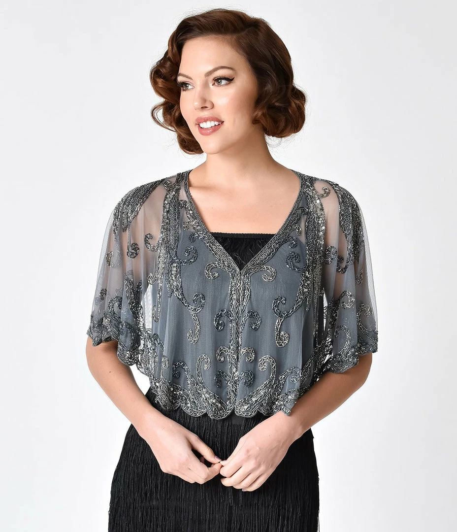 WESTERN FASHION Flapper 1920s Style Silver Grey Beaded Sheer Mesh Capelet