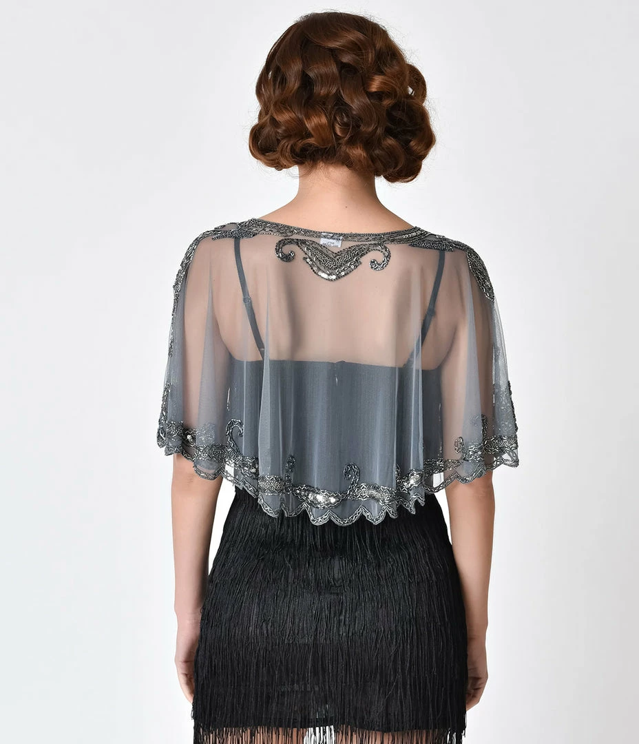 WESTERN FASHION Flapper 1920s Style Silver Grey Beaded Sheer Mesh Capelet