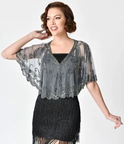 WESTERN FASHION Flapper 1920s Style Silver Grey Beaded Sheer Mesh Capelet