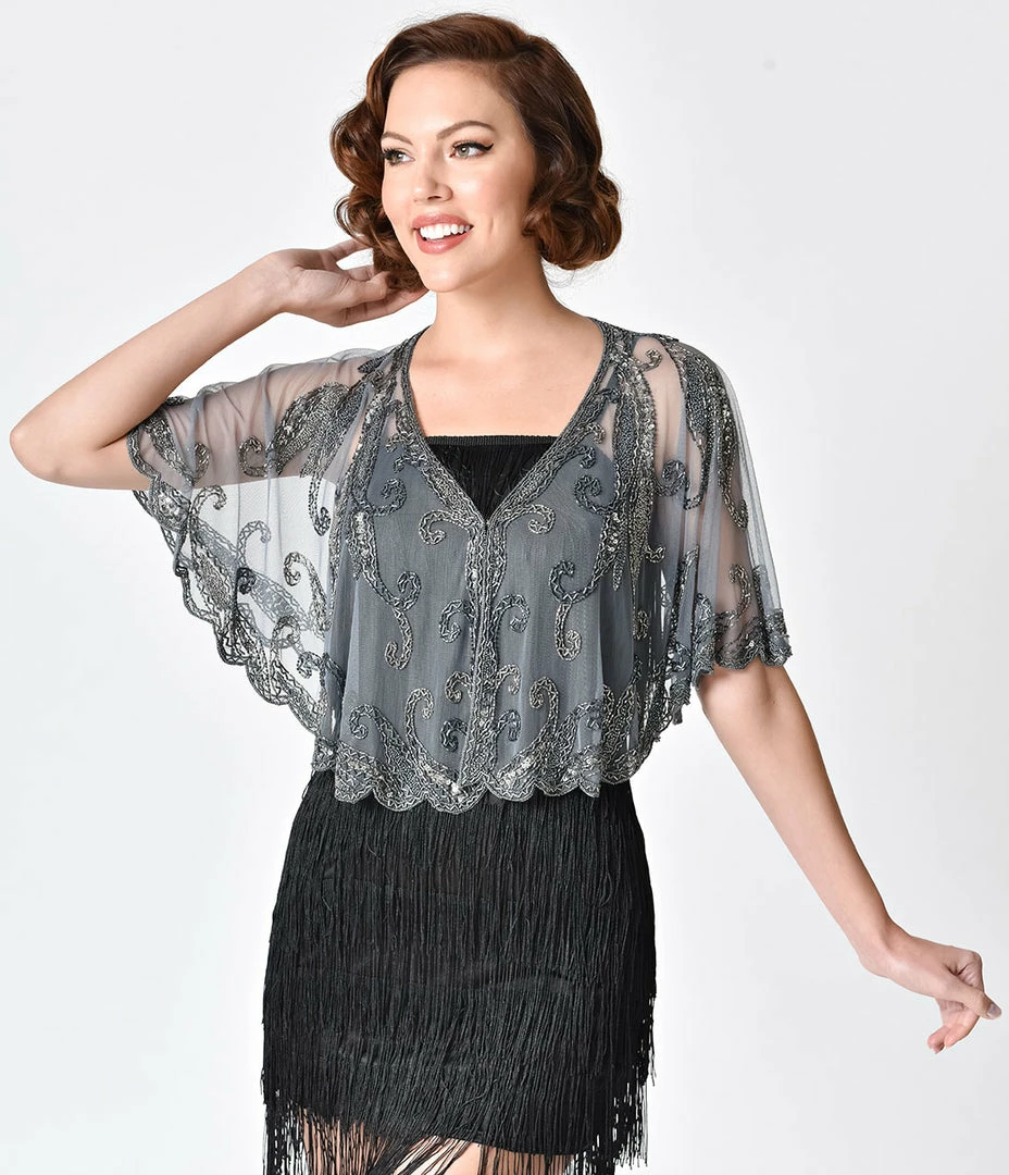 WESTERN FASHION Flapper 1920s Style Silver Grey Beaded Sheer Mesh Capelet