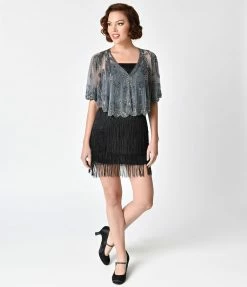 WESTERN FASHION Flapper 1920s Style Silver Grey Beaded Sheer Mesh Capelet