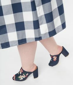 Qupid Blue Denim Floral Embroidered Mules