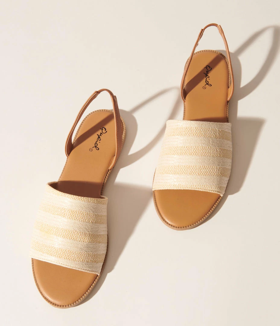 Qupid 1970s Beige & Ivory Straw Stripe Slingback Sandals