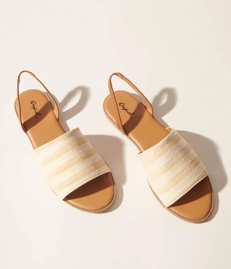 Qupid 1970s Beige & Ivory Straw Stripe Slingback Sandals