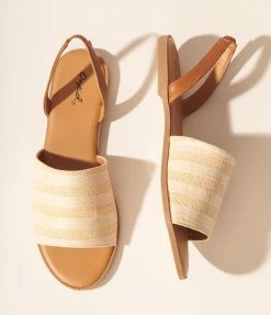 Qupid 1970s Beige & Ivory Straw Stripe Slingback Sandals
