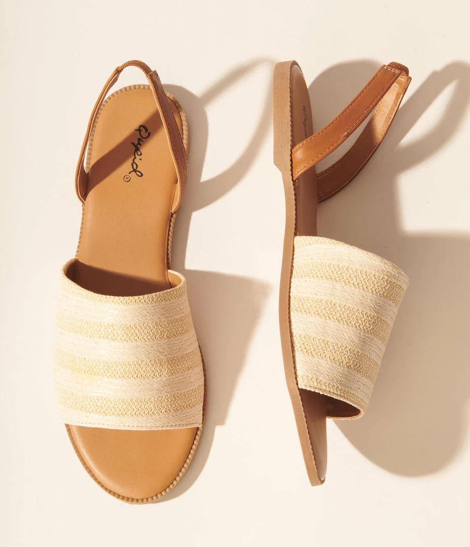 Qupid 1970s Beige & Ivory Straw Stripe Slingback Sandals