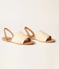 Qupid 1970s Beige & Ivory Straw Stripe Slingback Sandals