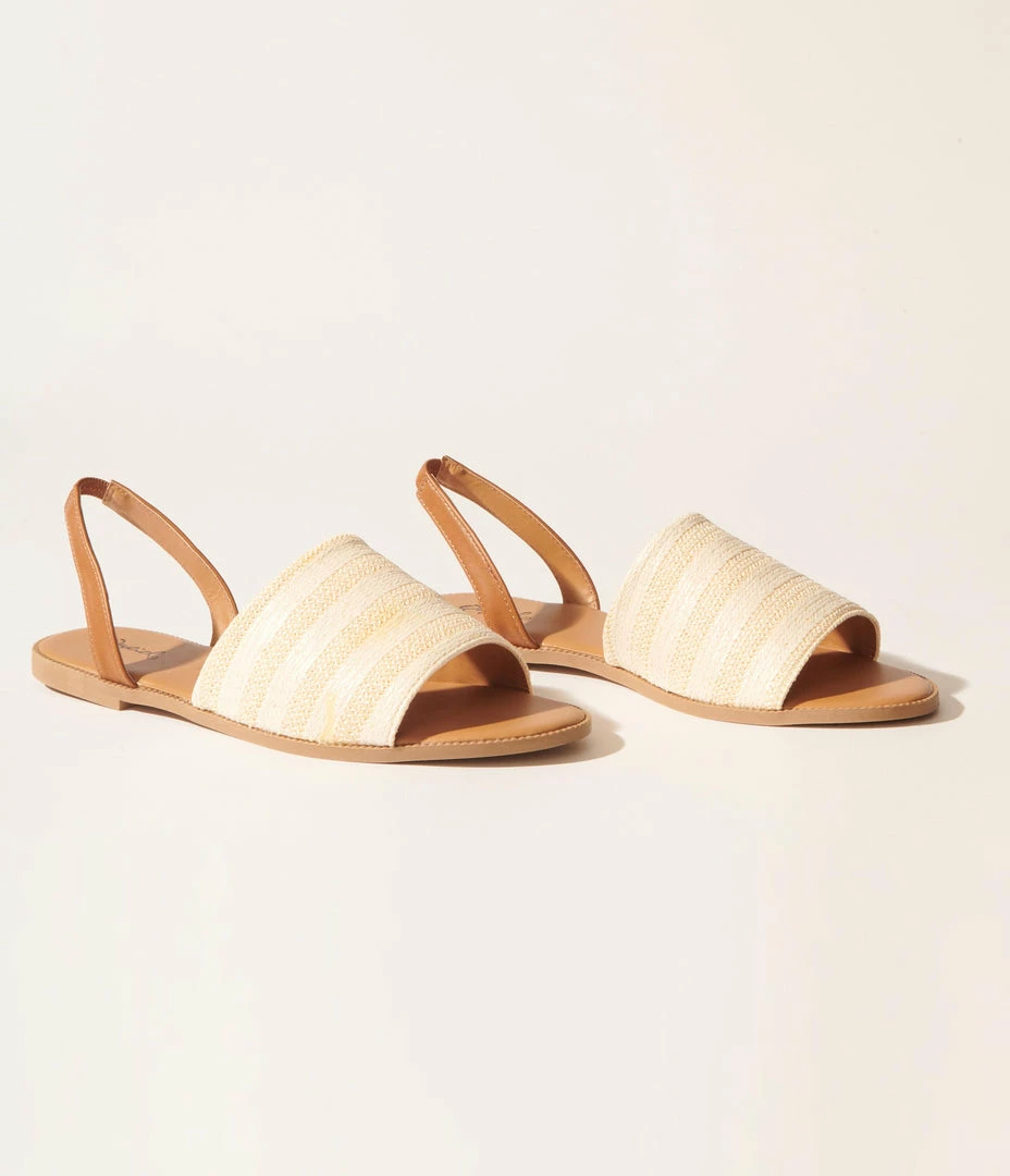 Qupid 1970s Beige & Ivory Straw Stripe Slingback Sandals