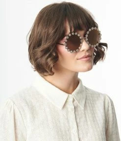 Lucent Product Inc. 1970s Rose Gold & Rhinestone Round Sunglasses