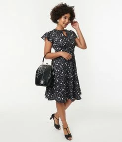Silver Stop Inc. (Voodoo Vixen) Dresses Voodoo Vixen Black & Ivory Cats & Florals Flare Dress