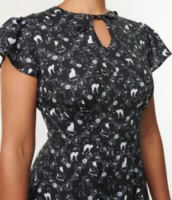 Silver Stop Inc. (Voodoo Vixen) Dresses Voodoo Vixen Black & Ivory Cats & Florals Flare Dress