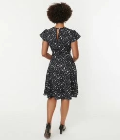 Silver Stop Inc. (Voodoo Vixen) Dresses Voodoo Vixen Black & Ivory Cats & Florals Flare Dress
