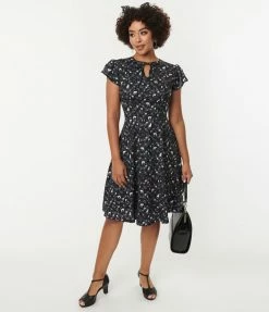 Silver Stop Inc. (Voodoo Vixen) Dresses Voodoo Vixen Black & Ivory Cats & Florals Flare Dress