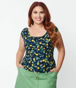 Garden Party Magnolia Place Plus Size Navy & Lemon Print May Top