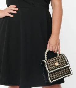 Anarchy Street 1950s Black & Gold Plaid & Faux Pearl Handbag