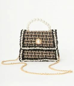 Anarchy Street 1950s Black & Gold Plaid & Faux Pearl Handbag