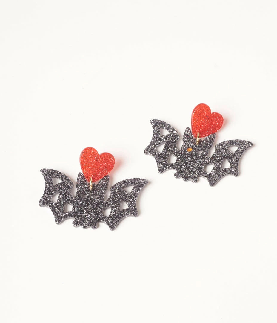 Wona Trading Black Bat Love Sparkle Earrings